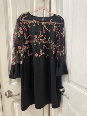 SHEIN Black Dress with Red & Pink Floral Embroidery